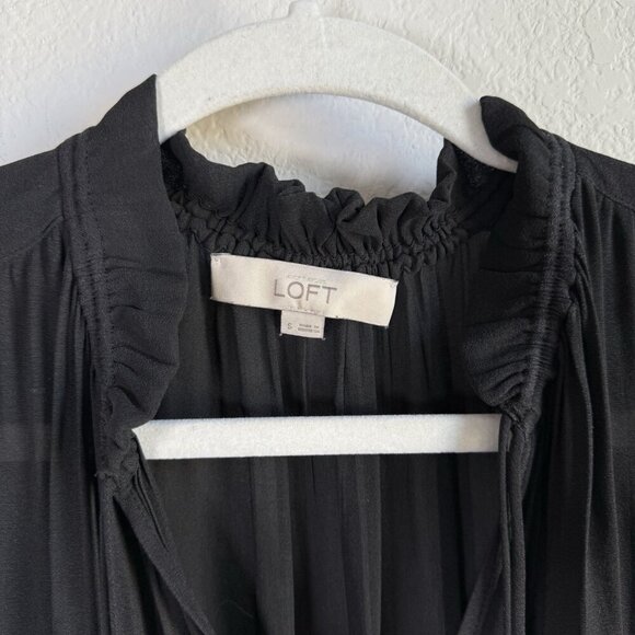 Loft Women's Small‎ Sheer Long Sleeve Smocked Tie Neck Blouse Black Casual - Picture 4 of 14